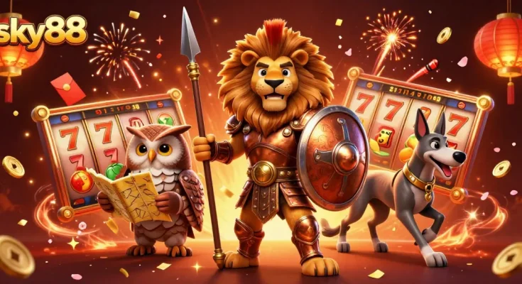Engage in thrilling gameplay at sky88 with a vibrant 3D illustration featuring action-packed casino elements.