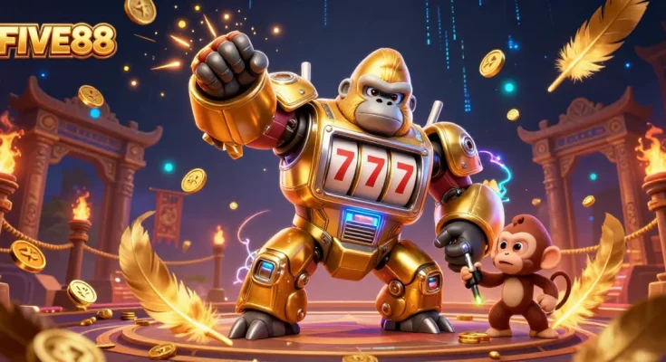 Engage with the thrilling gaming world at FIVE88 with a golden gorilla mech, coins, and vibrant casino elements.
