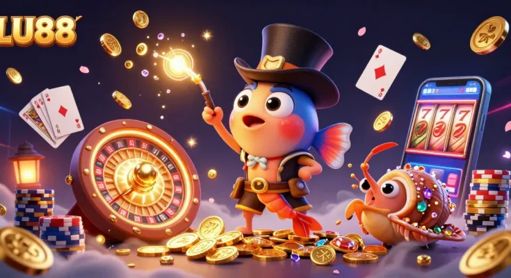 LU88 showcases a vibrant casino scene with a deep-sea anglerfish and treasures in motion.
