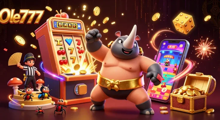 Experience the thrilling action at Ole777 with a dynamic 3D cartoon scene bursting with slots and coins.